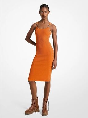 Michael Kors Bright Orange Ribbed Midi Dress with Adjustable Strap Hardware
